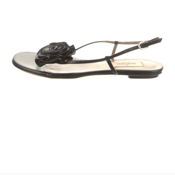 Valentino Floral Rosette Bow Black Leather Ankle Strap Slingback Sandal 38 8 - Picture 3 of 10